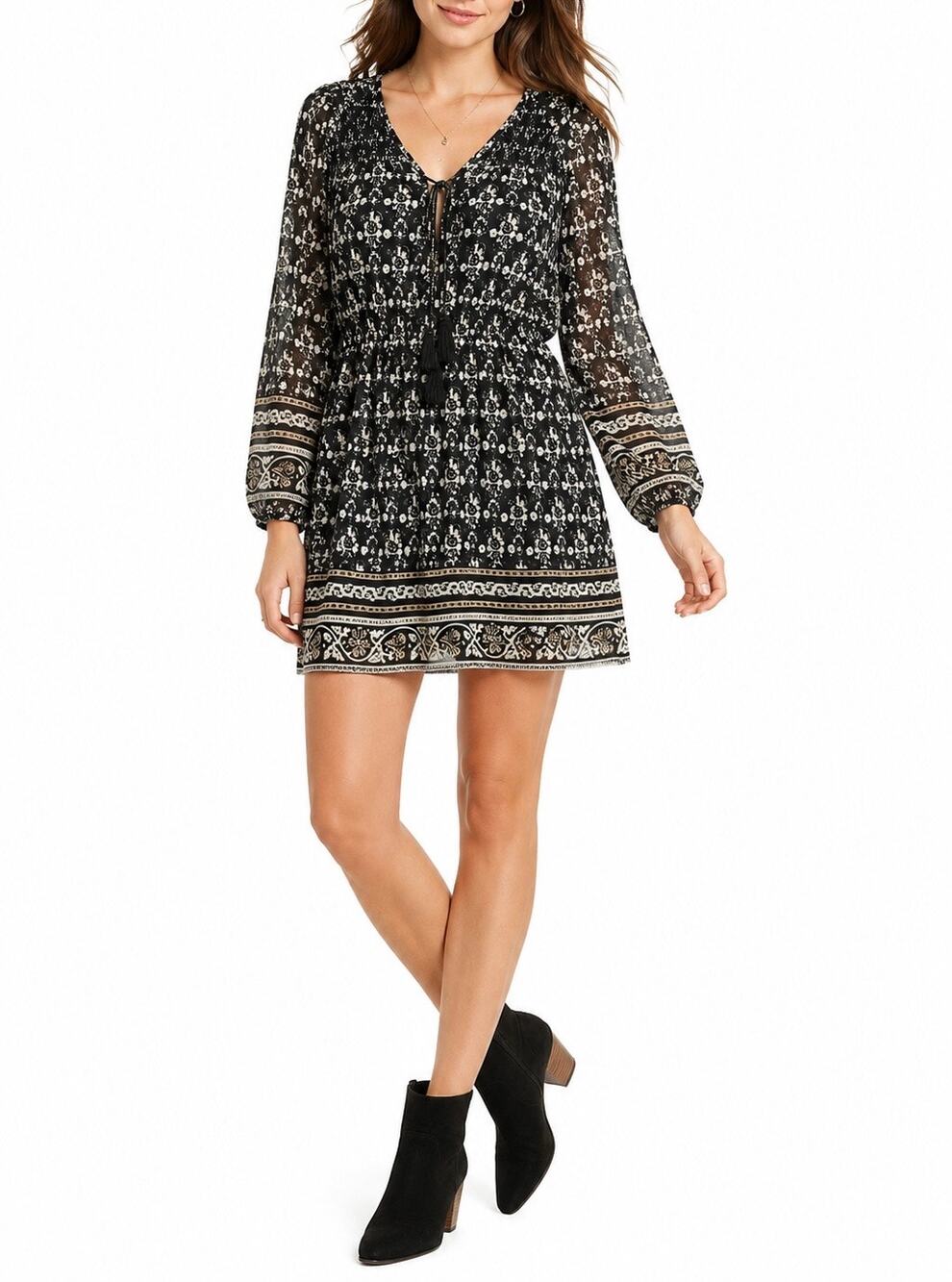 Madewell Woodland Boho Border Print Tassel Long Sleeve Mini Dress Size 00